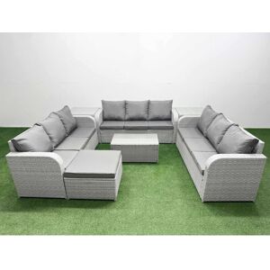 FIMOUS Pe Rattan Lounge Sofa Set 10 Seater Outdoor Garden Furniture Set with Rectangular Coffee Table 3 Seater Sofa Big Footstool 2 Side Table Light Grey
