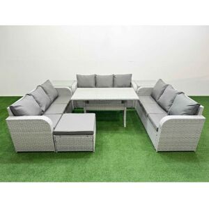 FIMOUS Pe Rattan Lounge Sofa Set 10 Seater Outdoor Garden Furniture Set with Rectangular Dining Table 3 Seater Sofa Big Footstool 2 Side Table Light Grey