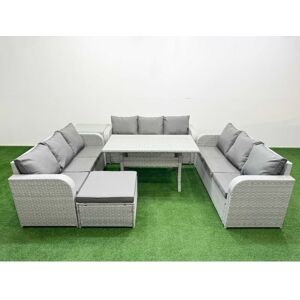 FIMOUS Pe Rattan Lounge Sofa Set 10 Seater Outdoor Garden Furniture Set with Rectangular Dining Table 3 Seater Sofa Big Footstool Side Table Light Grey