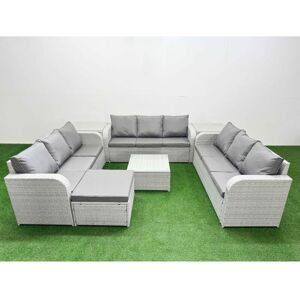 Pe Rattan Lounge Sofa Set 10 Seater Outdoor Garden Furniture Set with Square Coffee Table 3 Seater Sofa Big Footstool 2 Side Table Light Grey - Fimous
