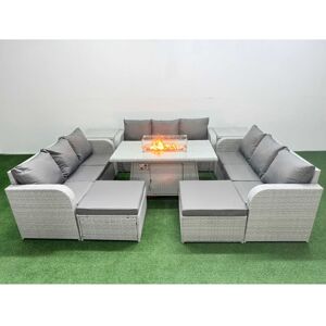 FIMOUS Pe Rattan Lounge Sofa Set 11 Seater Outdoor Garden Furniture Set with Firepit Dining Table 3 Seater Sofa 2 Big Footstools 2 Side Table Light Grey