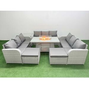 FIMOUS Pe Rattan Lounge Sofa Set 11 Seater Outdoor Garden Furniture Set with Firepit Dining Table 3 Seater Sofa 2 Big Footstools Side Table Light Grey