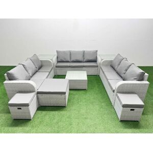 Fimous PE Rattan Lounge Sofa Set 12 Seater Outdoor Garden Furniture Set with Square Coffee Table 3 Seater Sofa 3 Stools 2 Side Table Light Grey