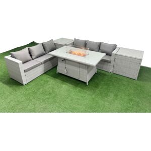Pe Rattan Lounge Sofa Set Outdoor Garden Furniture Set with Firepit Dining Table 3 Seater Sofa 2 Side Table Light Grey - Fimous
