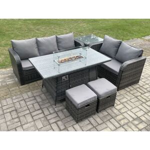 Pe Wicker Outdoor Rattan Garden Furniture Set Propane Gas Fire Pit Table and Sofa set with Side Table 2 Small Footstools - Fimous