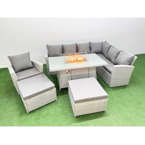 Rattan Corner Sofa Chair Set Outdoor Furniture Garden Dining Set Gas Fire Pit Table with Temper Glass 2 Big Footstools Light Grey Mixed - Fimous