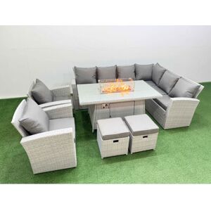 Rattan Corner Sofa Chair Set Outdoor Furniture Garden Dining Set Gas Fire Pit Table with Temper Glass 2 Footstools Light Grey Mixed - Fimous