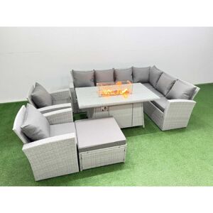 Rattan Corner Sofa Chair Set Outdoor Furniture Garden Dining Set Gas Fire Pit Table with Temper Glass Footstools Light Grey Mixed - Fimous