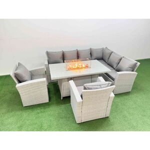 Rattan Corner Sofa Chair Set Outdoor Furniture Garden Dining Set Gas Fire Pit Table with Temper Glass Light Grey Mixed - Fimous