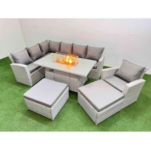 Rattan Corner Sofa Chair Set Outdoor Furniture Garden Dining Sets Gas Fire Pit Table with Temper Glass 2 Big Footstools Light Grey Mixed - Fimous