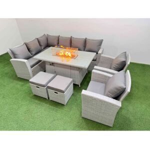 Rattan Corner Sofa Chair Set Outdoor Furniture Garden Dining Sets Gas Fire Pit Table with Temper Glass 2 Footstools Light Grey Mixed - Fimous