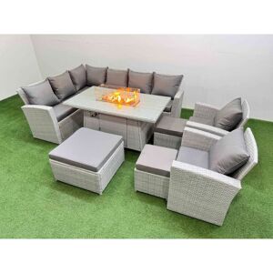 Rattan Corner Sofa Chair Set Outdoor Furniture Garden Dining Sets Gas Fire Pit Table with Temper Glass 3 Footstools Light Grey Mixed - Fimous