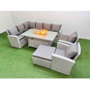 Rattan Corner Sofa Chair Set Outdoor Furniture Garden Dining Sets Gas Fire Pit Table with Temper Glass Footstools Light Grey Mixed - Fimous