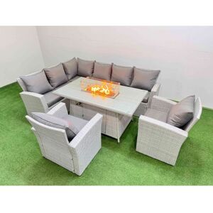 Rattan Corner Sofa Chair Set Outdoor Furniture Garden Dining Sets Gas Fire Pit Table with Temper Glass Light Grey Mixed - Fimous