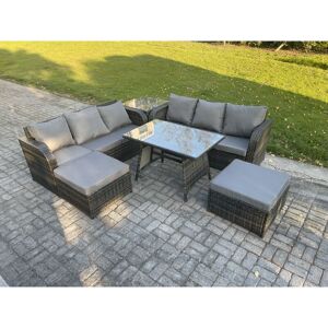 Rattan Garden Furniture Dining Set 8 seater Patio Rectangular Table 2 Big Footstool Side Table Dark Grey Mixed - Fimous