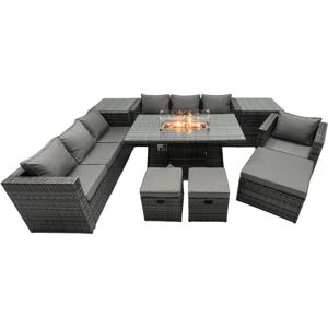 Fimous Rattan Garden Furniture Firepit Dining Set 10 Seater Lounge Sofa Table Set with 2 side table 3 Footstool