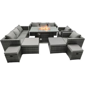Fimous Rattan Garden Furniture Firepit Dining Set 12 Seater Lounge Sofa Table Set with 2 big Footstool
