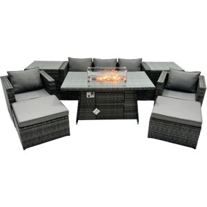 Fimous Rattan Garden Furniture Firepit Dining Set 7 Seater Lounge Sofa Table Set with 2 Side table 2 big Footstool