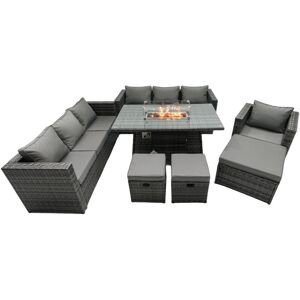 Fimous Rattan Garden Furniture Firepit Dining Set 10 Seater Lounge Sofa Table Set with 3 Footstool