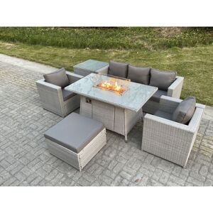 Rattan Garden Furniture Set Gas Fire Pit Lounge Sofa Chair Dining Set With Side Table And 2 pc Arm Chair Footstool - Fimous