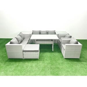 Fimous Rattan Garden Furniture Set Outdoor 8 Seater Patio Dinin g Sofa Sets with Dining Table 2 Chairs 2 Side Tables Big Footstool Light Grey Mixed