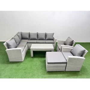 Fimous Rattan Garden Furniture Set Outdoor 9 Seater Corner Sofa Sets with Oblong Coffee Table Chair Big Footstool Light Grey Mixed