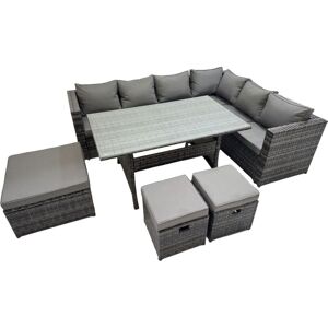 Rattan Garden Furniture Set Outdoor 9 Seater Patio Dining Corner Sofa Sets with Dining Table 3 Footstool Dark Grey Mixed - Fimous