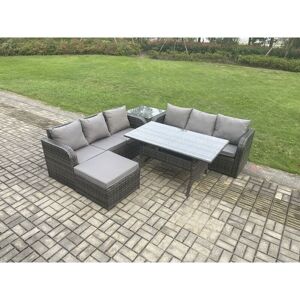 Rattan Garden Furniture Set with Oblong Rectangular Dining Table Big Footstool Side Table 5 Pieces Outdoor Lounge Sofa Set Dark Grey Mixed - Fimous