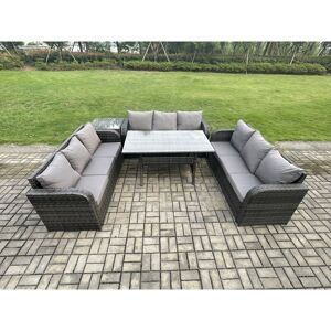 Rattan Garden Furniture Set with Oblong Rectangular Dining Table Side Table 9 Seater Outdoor Lounge Sofa Set Dark Grey Mixed - Fimous