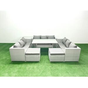 Rattan Garden Outdoor Furniture Set 11 Seater Garden Sofa Rectangulr Dining Table Set with 2 Big Footstools Side Table Light Grey Mixed - Fimous