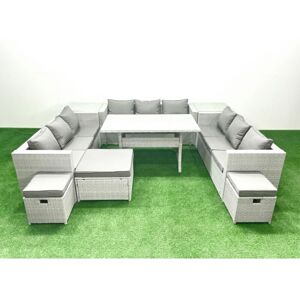 Rattan Garden Outdoor Furniture Set 12 Seater Garden Sofa Rectangulr Dining Table Set with 3 Footstools 2 Side Tables Light Grey Mixed - Fimous