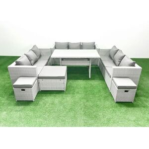 Rattan Garden Outdoor Furniture Set 12 Seater Garden Sofa Rectangulr Dining Table Set with 3 Footstools Light Grey Mixed - Fimous