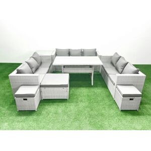 Rattan Garden Outdoor Furniture Set 12 Seater Garden Sofa Rectangulr Dining Table Set with 3 Footstools Side Table Light Grey Mixed - Fimous