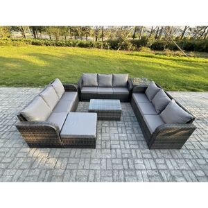 Fimous Rattan Lounge Sofa Set 10 Seater Outdoor Garden Furniture Set with Rectangular Coffee Table 3 Seater Sofa Big Footstool Side Table Dark Grey