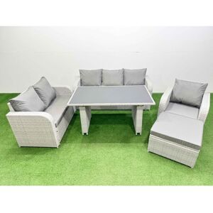 Fimous - Rattan Outdoor Table Reclining Chair Sofa Set with Big Stool Light Grey 7 Seater