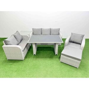 Fimous - Rattan Outdoor Table Reclining Chair Sofa Set with Side Table Big Stool Light Grey 7 Seater