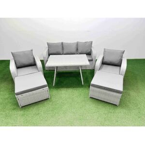 Reclining Chair 3 Seat Sofa Set Garden Furniture Set with Rectangular Dining Table 2 Big Footstools Light Grey - Fimous