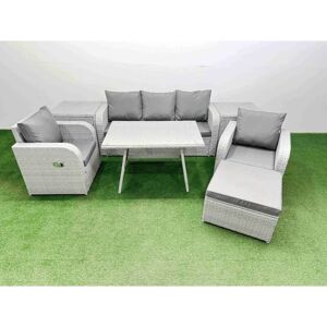 Reclining Chair 3 Seat Sofa Set Garden Furniture Set with Rectangular Dining Table 2 Side Tables Big Footstool Light Grey - Fimous