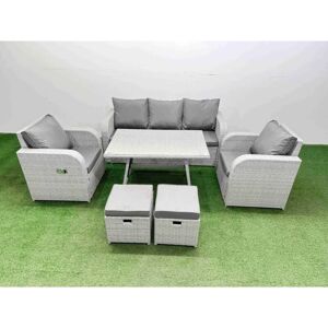 Reclining Chair 3 Seat Sofa Set Garden Furniture Set with Rectangular Dining Table 2 Small Footstools Light Grey - Fimous