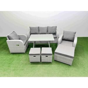 Reclining Chair 3 Seat Sofa Set Garden Furniture Set with Rectangular Dining Table 3 Footstools Light Grey - Fimous