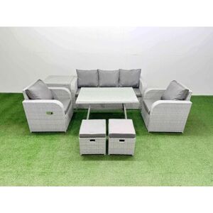 Reclining Chair 3 Seat Sofa Set Garden Furniture Set with Rectangular Dining Table Side Table 2 Small Footstools Light Grey - Fimous