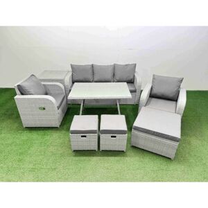 Reclining Chair 3 Seat Sofa Set Garden Furniture Set with Rectangular Dining Table Side Table 3 Footstools Light Grey - Fimous
