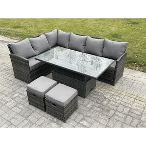 Wicker pe Outdoor Rattan Garden Furniture Set Height Adjustable Rising Lifting Table Sofa Dining Set with 2 Small Footstools Dark Grey Mixed - Fimous
