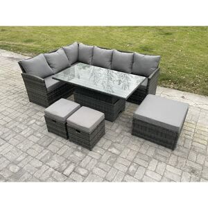 Wicker pe Outdoor Rattan Garden Furniture Set Height Adjustable Rising Lifting Table Sofa Dining Set with 3 Footstools Dark Grey Mixed - Fimous