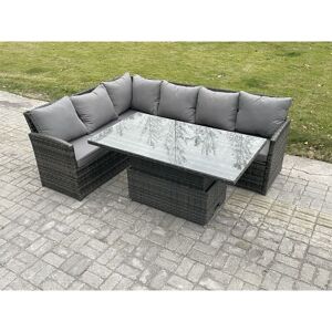 Wicker pe Outdoor Rattan Garden Furniture Set Height Adjustable Rising Lifting Table Sofa Dining Set with Dark Grey Mixed - Fimous