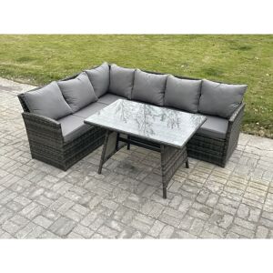 Wicker Rattan Garden Furniture Corner Sofa Set with Oblong Dining Table 6 Seater Outdoor Rattan Set Dark Grey Mixed - Fimous