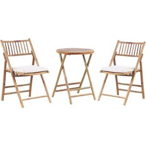 Beliani - Garden Bistro Set Bamboo Wood Table 2 Chairs Folding Cushions White Savalletri