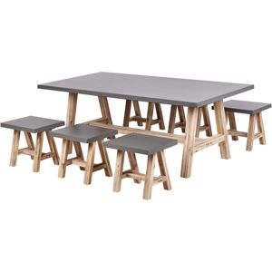 BELIANI Garden Dining Set Fibre Concrete Acacia Wood Dining Table 6 Stools Grey Tonnare