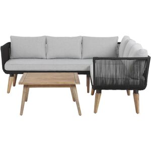 BELIANI Modern Outdoor Garden Conversation Set Rope Corner Sofa Wooden Table Black Alcamo