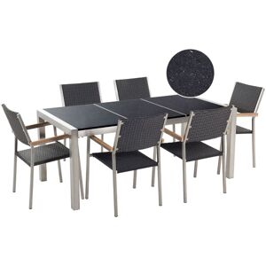 BELIANI 6 Seater Garden Dining Set Triple Black Granite Top Black Rattan Chairs Grosseto